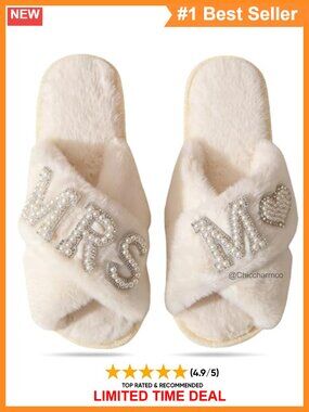 Bridal Slippers Rhinestone Letter Open Toe Plush Wedding Day Flats